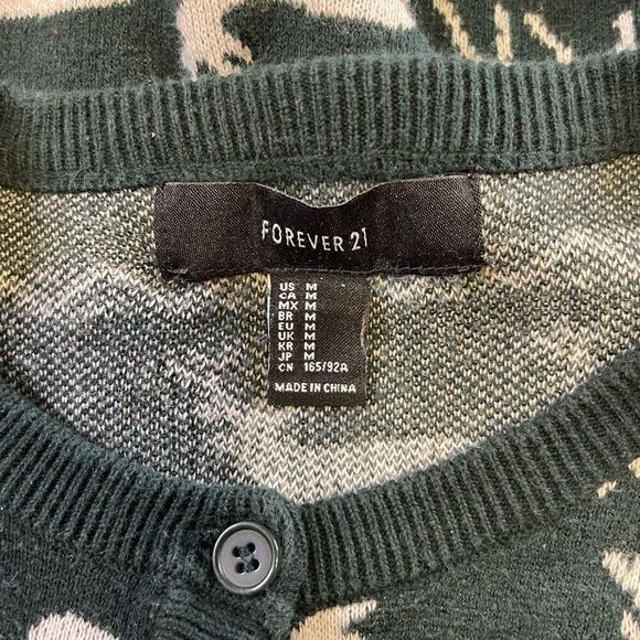 Forever 21 Medium Holiday Cardigan Green Reindeer Print Button Sweater - Picture 4 of 13